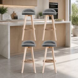 Bar Stools Set of 4 Padded Linen Seat Bentwood Frame Grey Dining Kitchen