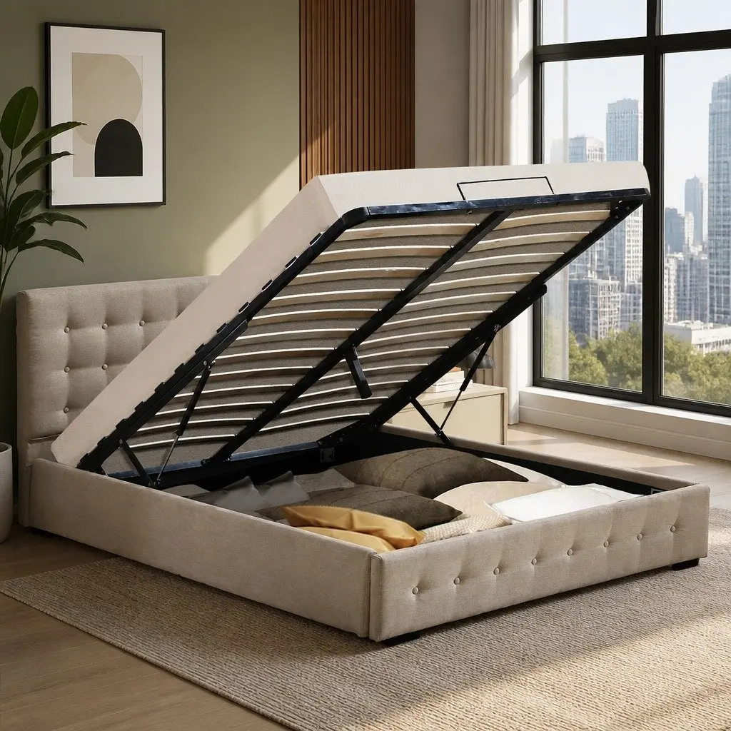 Beige Bed Frame with Gas Lift Storage