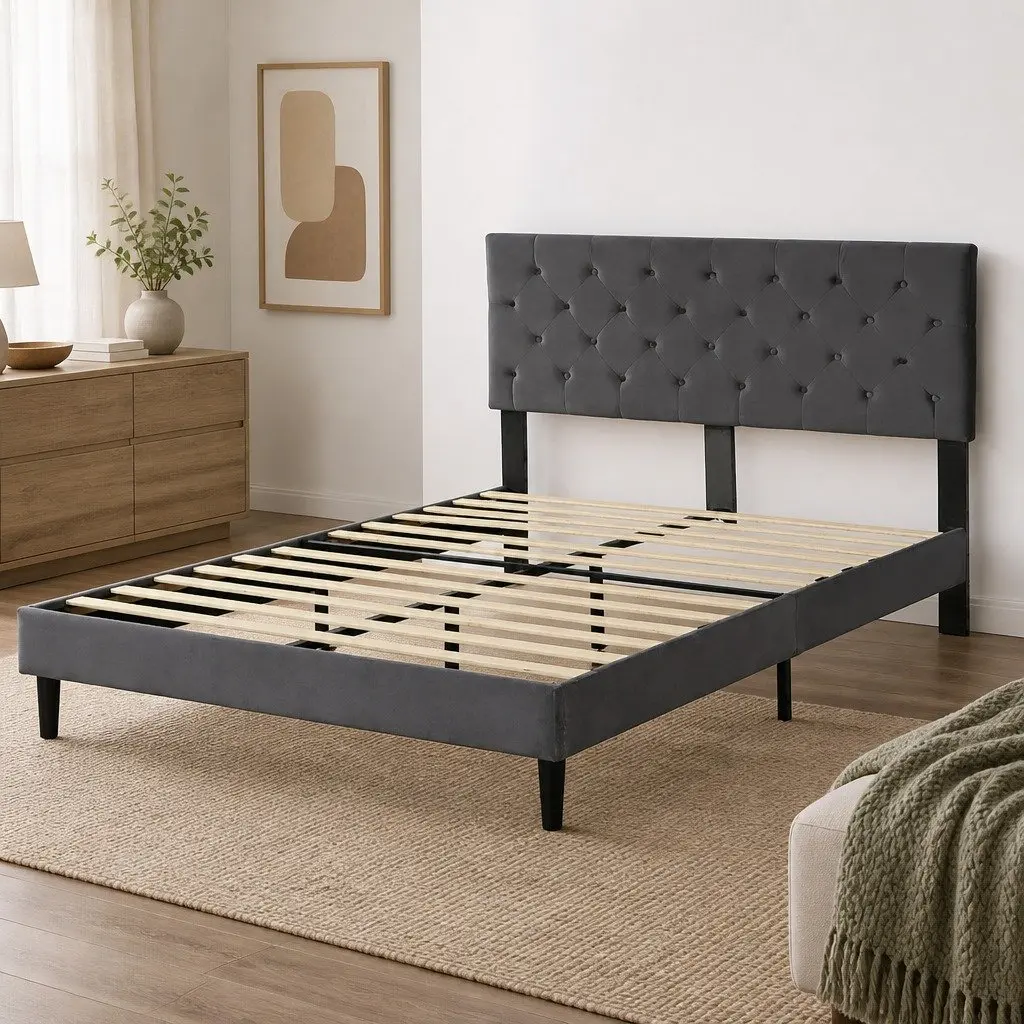 Double Bed Frame with Velvet Headboard