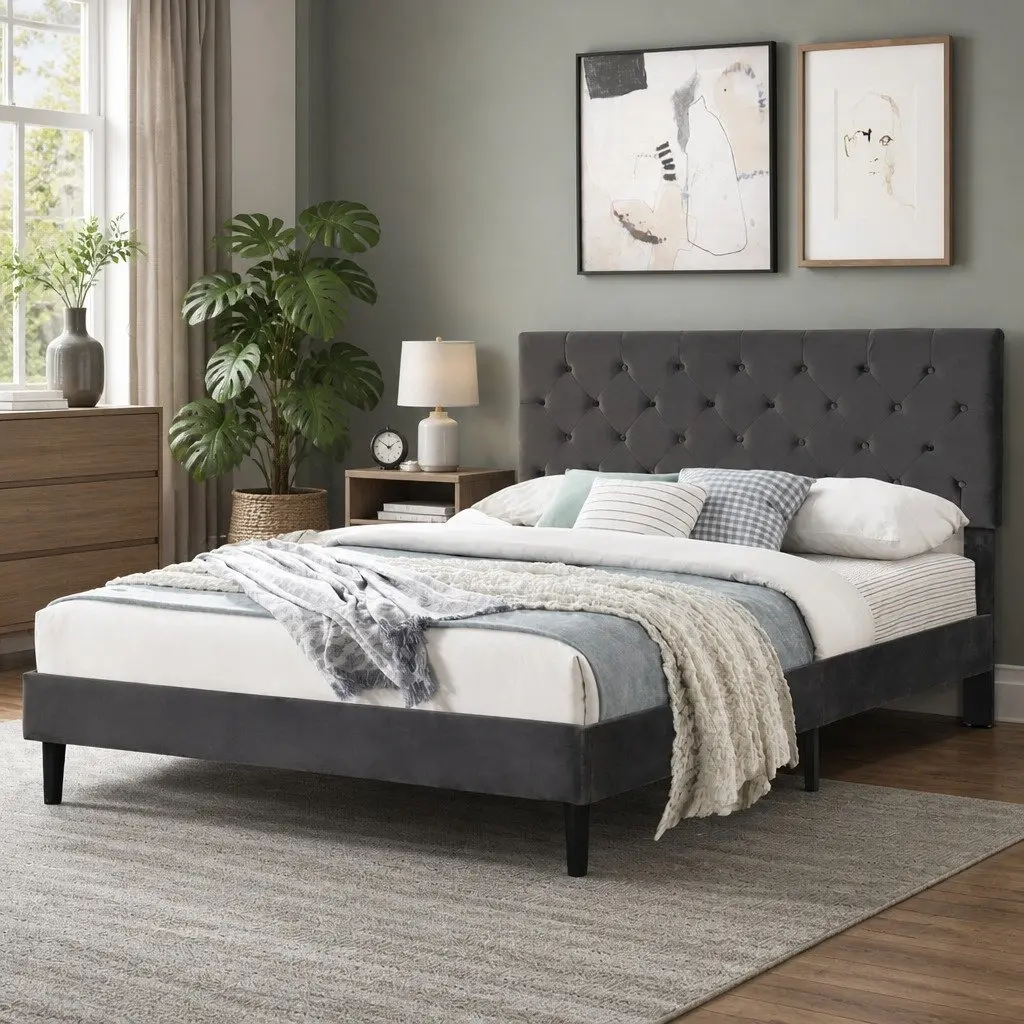 Double Bed Frame with Velvet Headboard