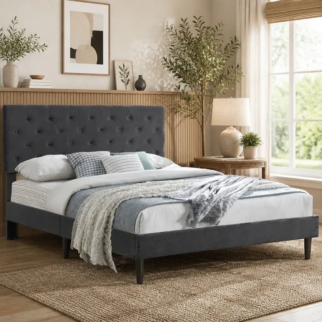 Double Bed Frame with Velvet Headboard