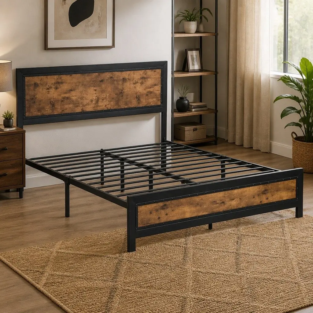Metal Bed Frame Queen Size Mattress Base Platform Steel Slat Bed Base