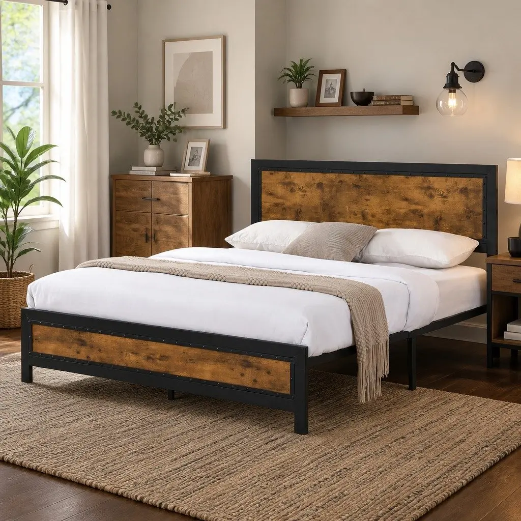 Metal Bed Frame Queen Size Mattress Base Platform Steel Slat Bed Base
