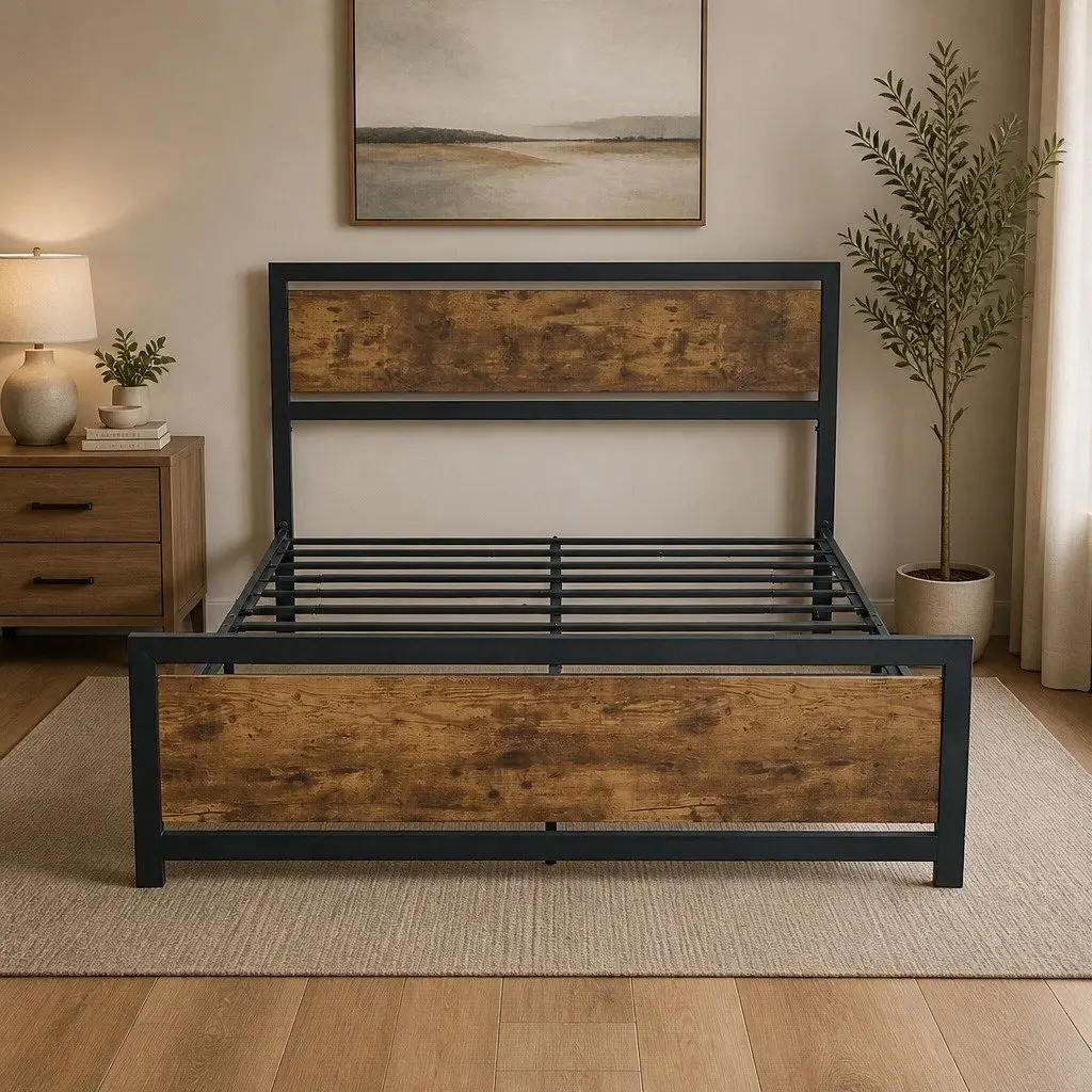 Metal Bed Frame Double Queen Size Industrial Steel Slats Storage Mattress Base