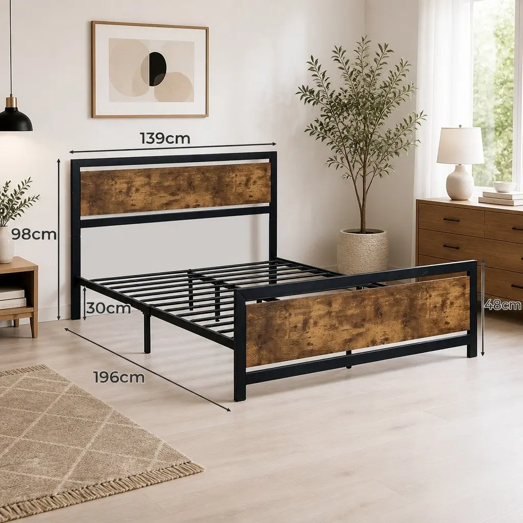 Metal Bed Frame Double Queen Size Industrial Steel Slats Storage Mattress Base