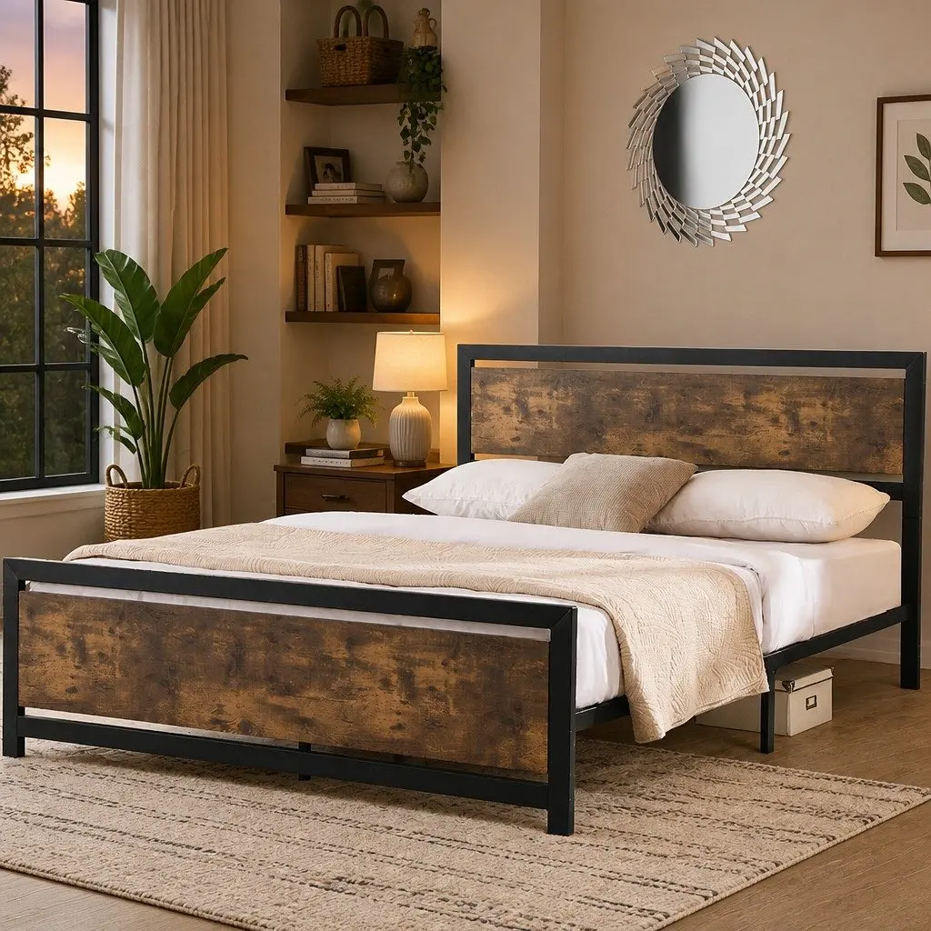 Metal Bed Frame Double Queen Size Industrial Steel Slats Storage Mattress Base
