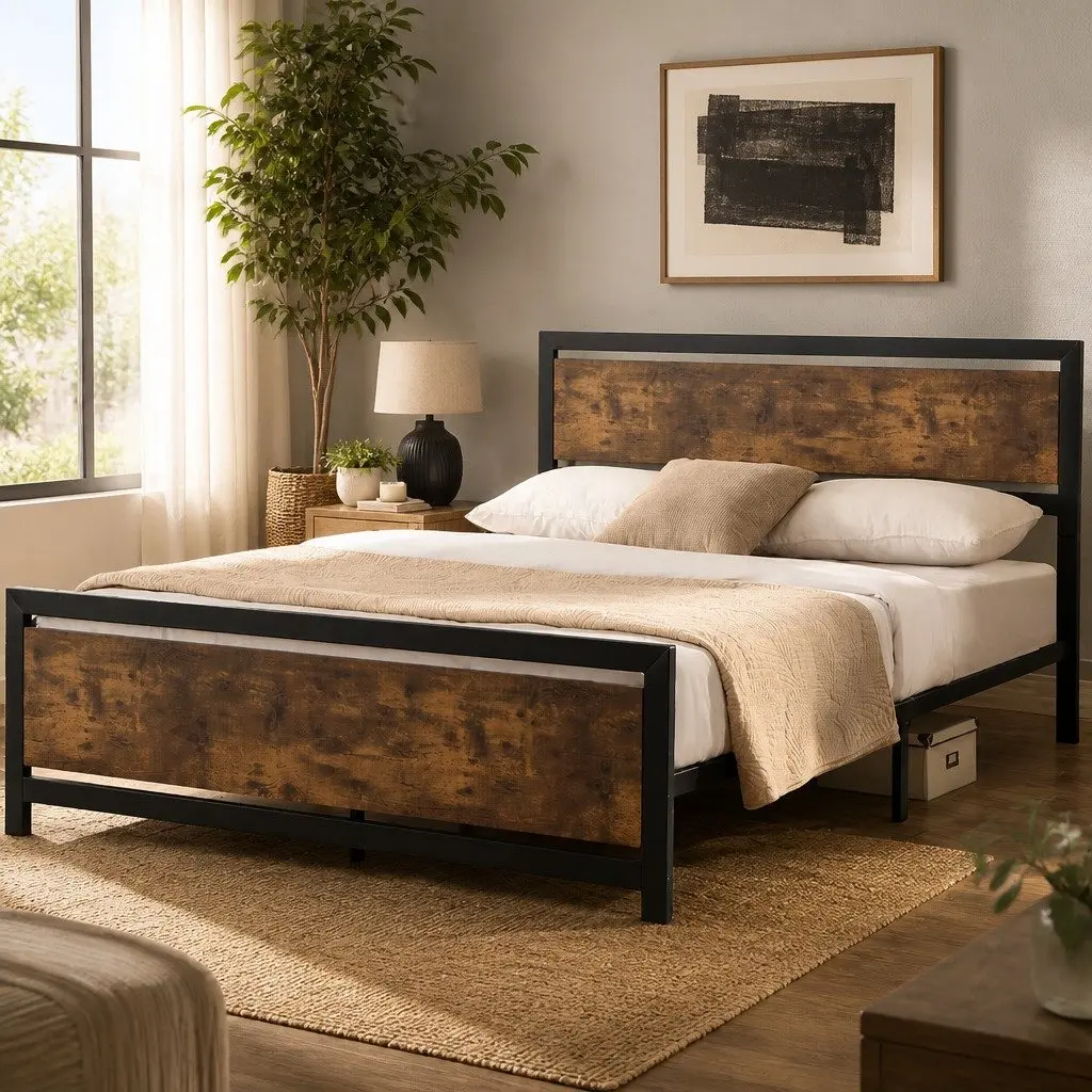 Metal Bed Frame Queen Size Industrial Design Steel Slats Storage Platform Base