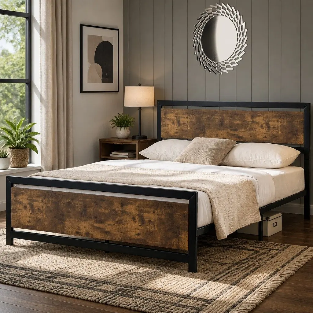 Metal Bed Frame Queen Size Industrial Design Steel Slats Storage Platform Base