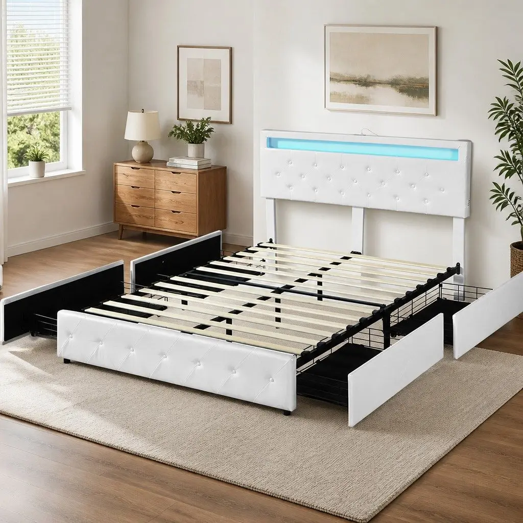 Queen Size Bed Frame with RGB LED Lighting and Storage Drawers