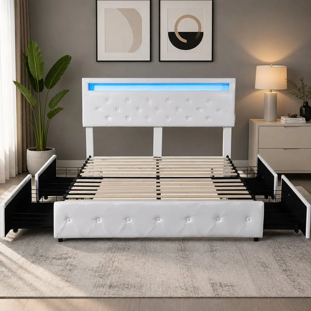 Queen Size Bed Frame with RGB LED Lighting and Storage Drawers