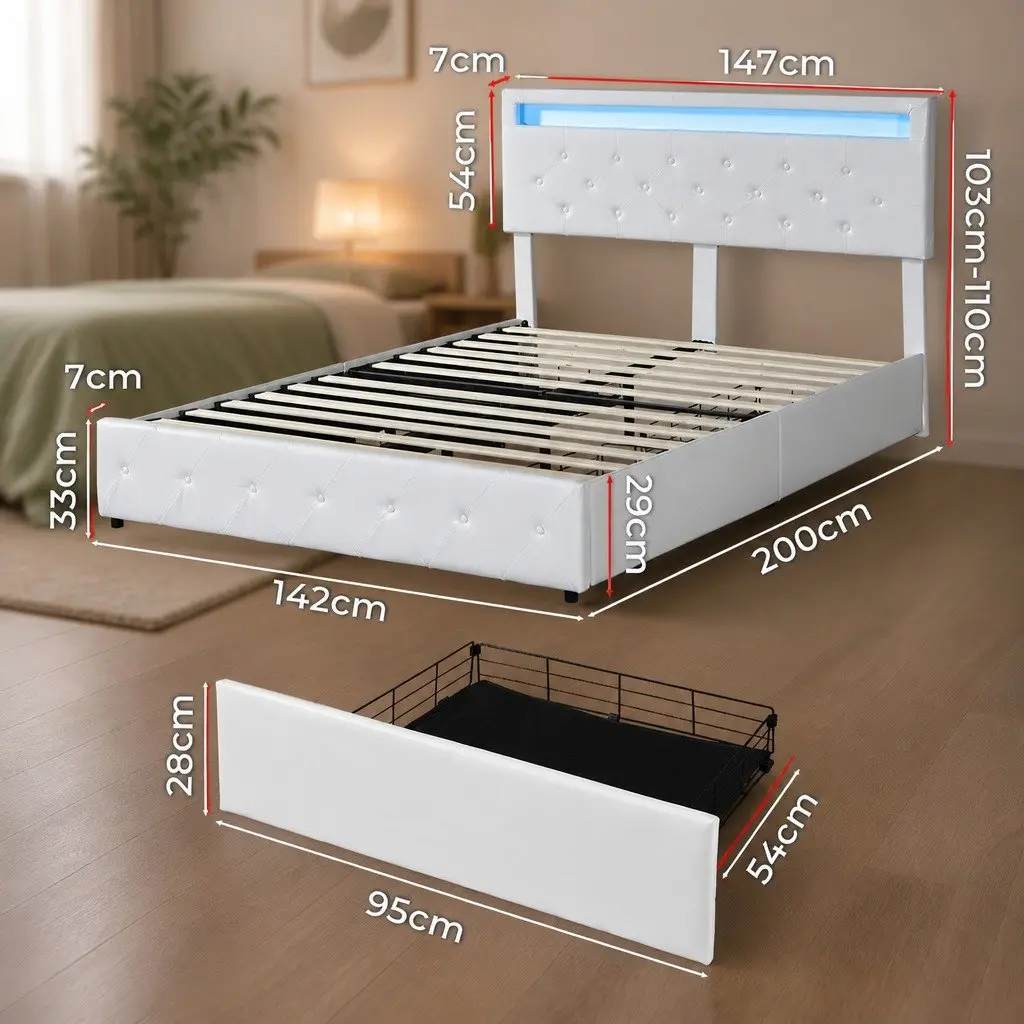 Queen Size Bed Frame with RGB LED Lighting and Storage Drawers