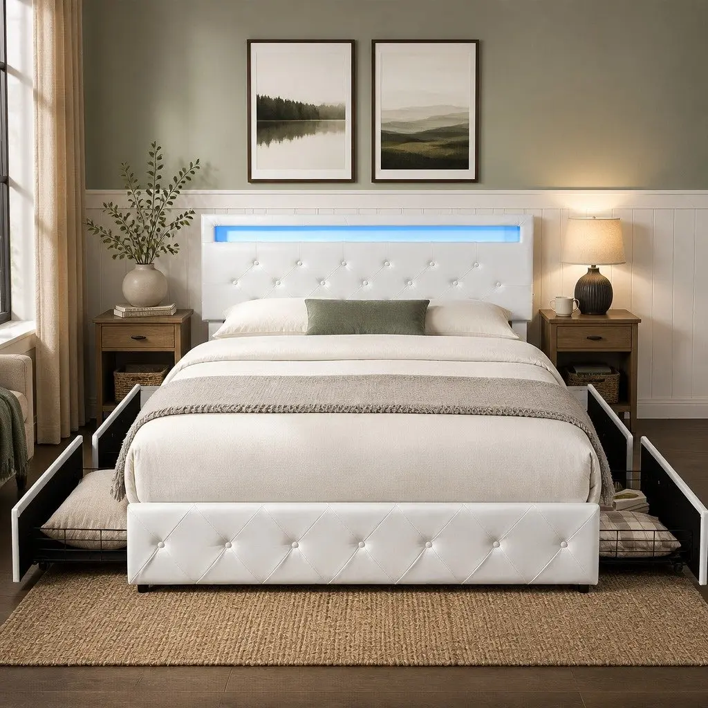 Queen Size Bed Frame with RGB LED Lighting and Storage Drawers