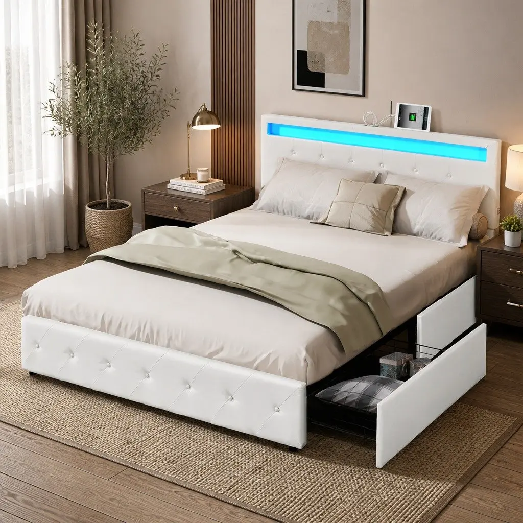 Queen Size Bed Frame with RGB LED Lighting and Storage Drawers