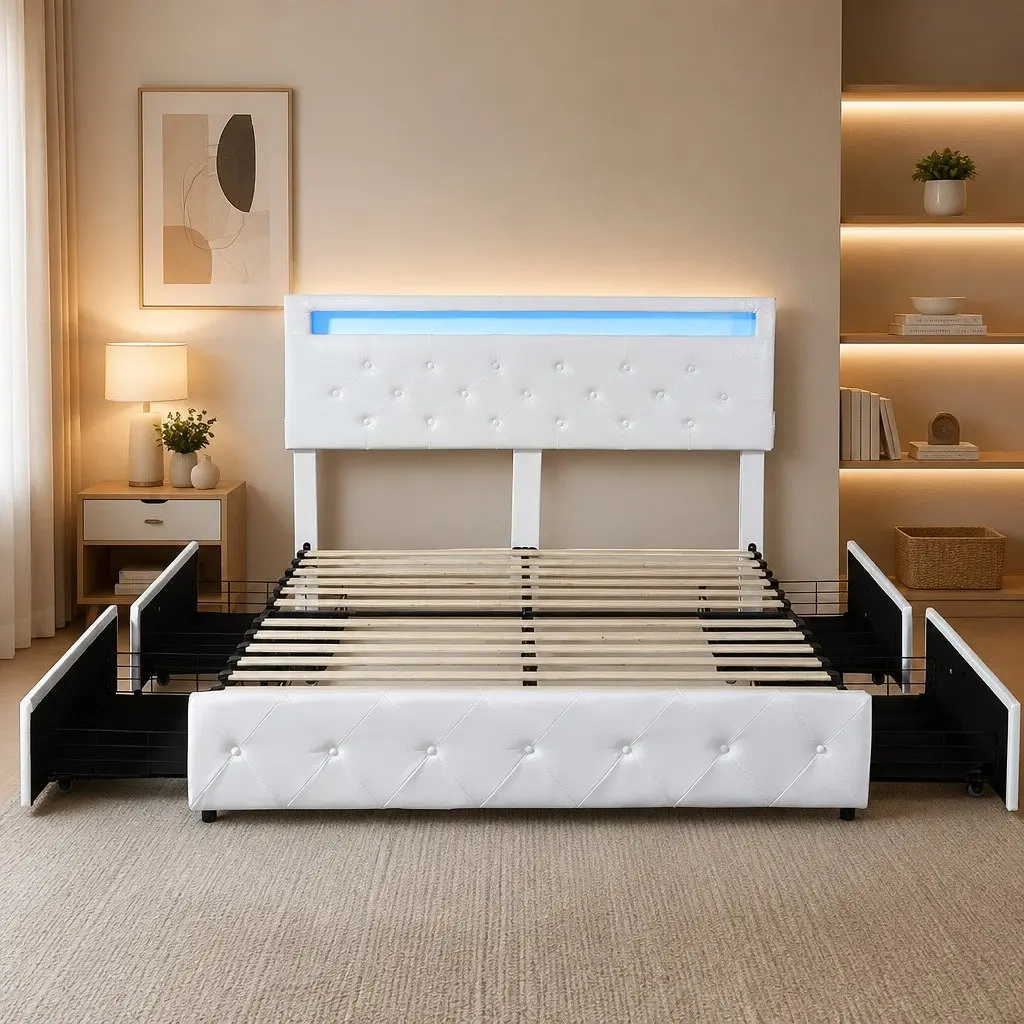 Queen Bed Frame with 4 Storage Drawers RGB LED Lights USB Charging Ports Adjustable Headboard Solid Wood Frame PU Leather Upholstery