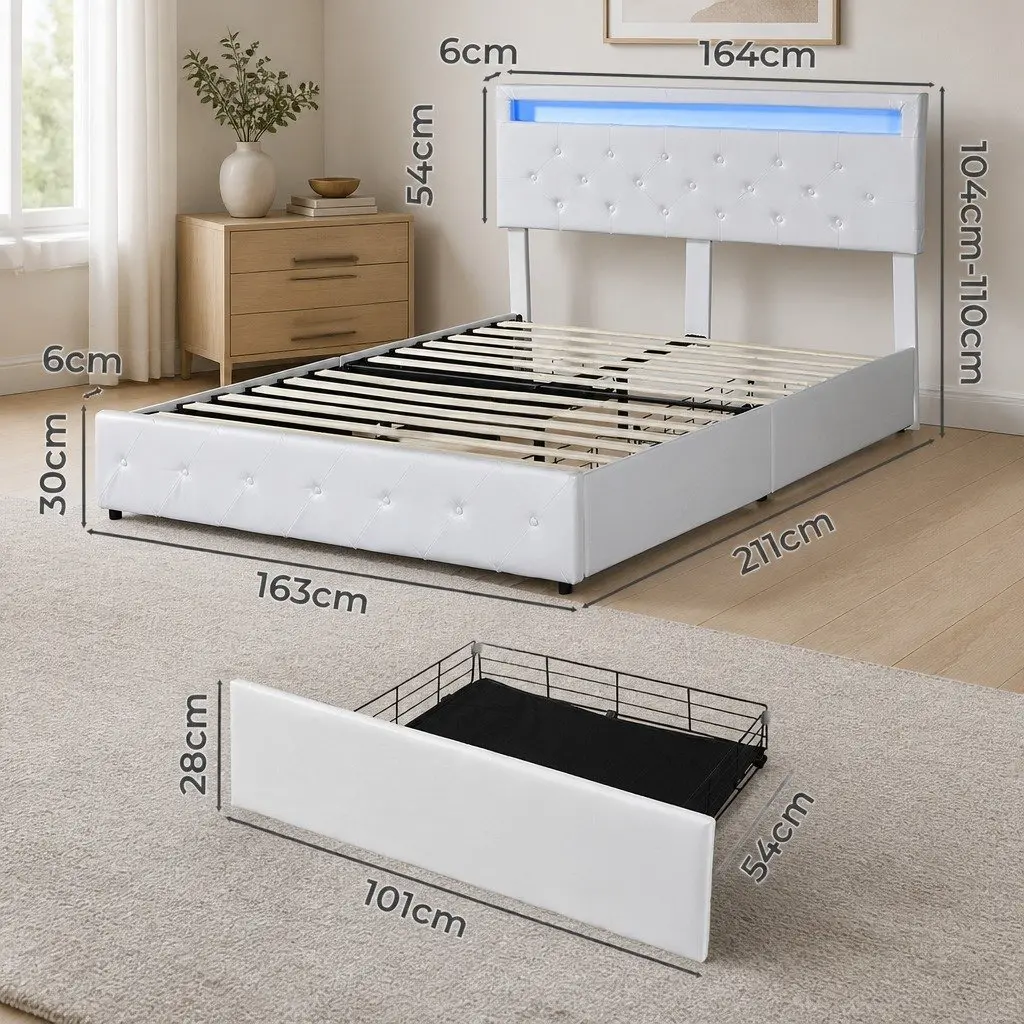 Queen Bed Frame with 4 Storage Drawers RGB LED Lights USB Charging Ports Adjustable Headboard Solid Wood Frame PU Leather Upholstery
