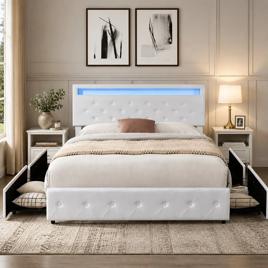Queen Bed Frame with 4 Storage Drawers RGB LED Lights USB Charging Ports Adjustable Headboard Solid Wood Frame PU Leather Upholstery