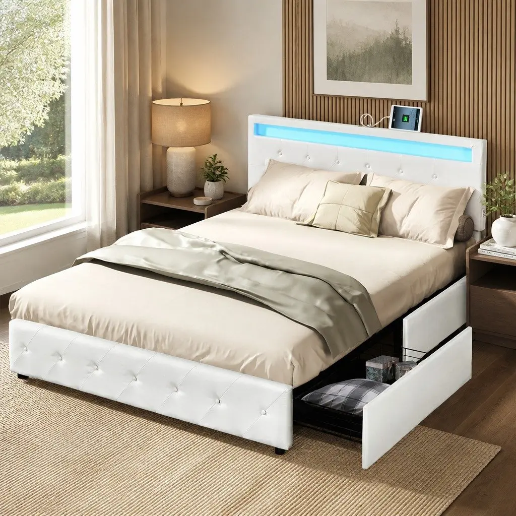 Queen Bed Frame with 4 Storage Drawers RGB LED Lights USB Charging Ports Adjustable Headboard Solid Wood Frame PU Leather Upholstery