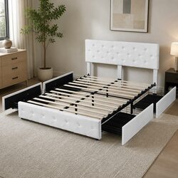 Queen Bed Frame with 4 Storage Drawers Tufted Headboard Support Beams