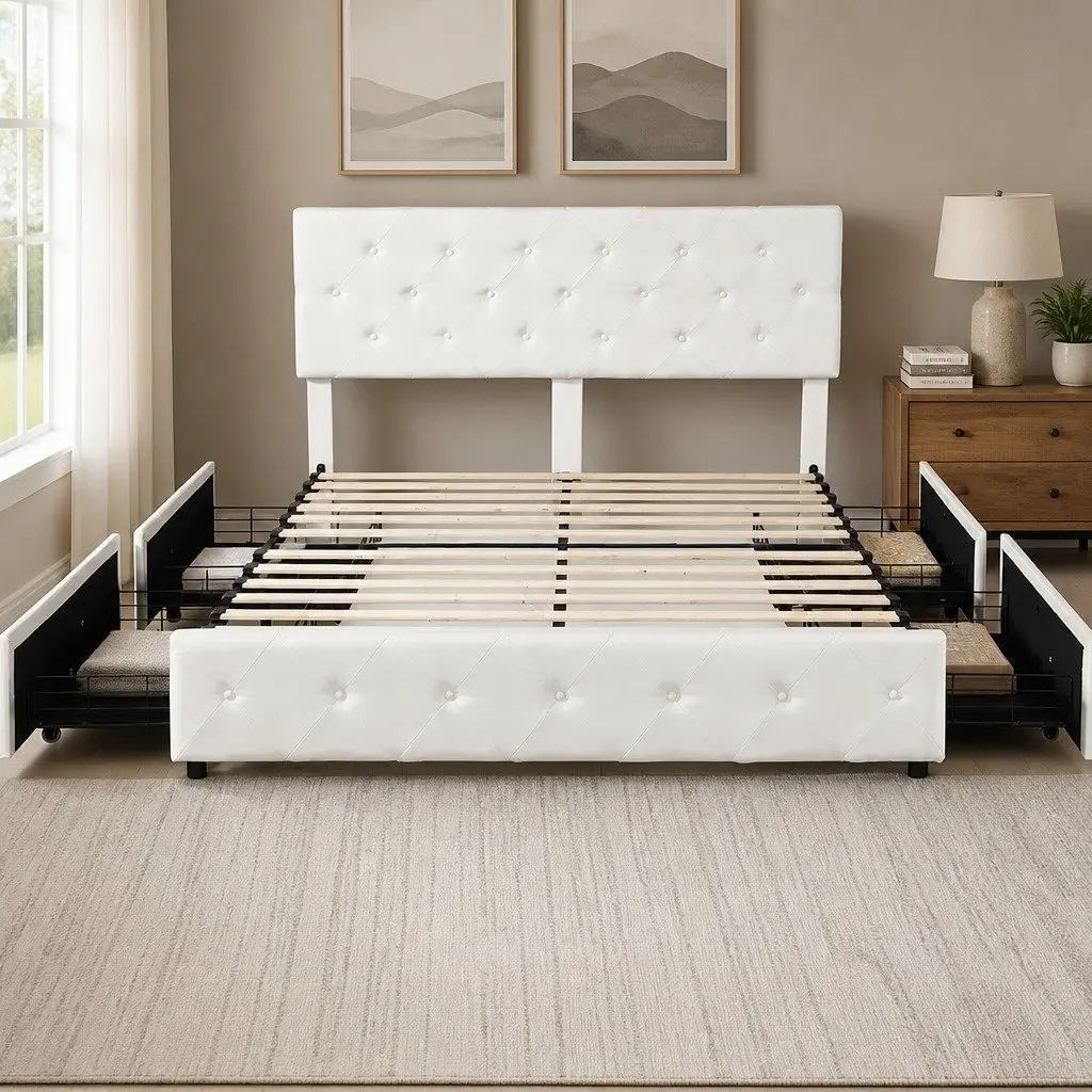 Queen Bed Frame Tufted Headboard with 4 Storage Drawers Cream