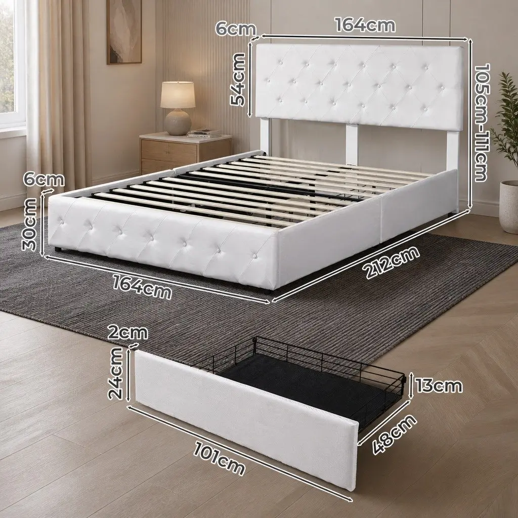 Queen Bed Frame Tufted Headboard with 4 Storage Drawers Cream