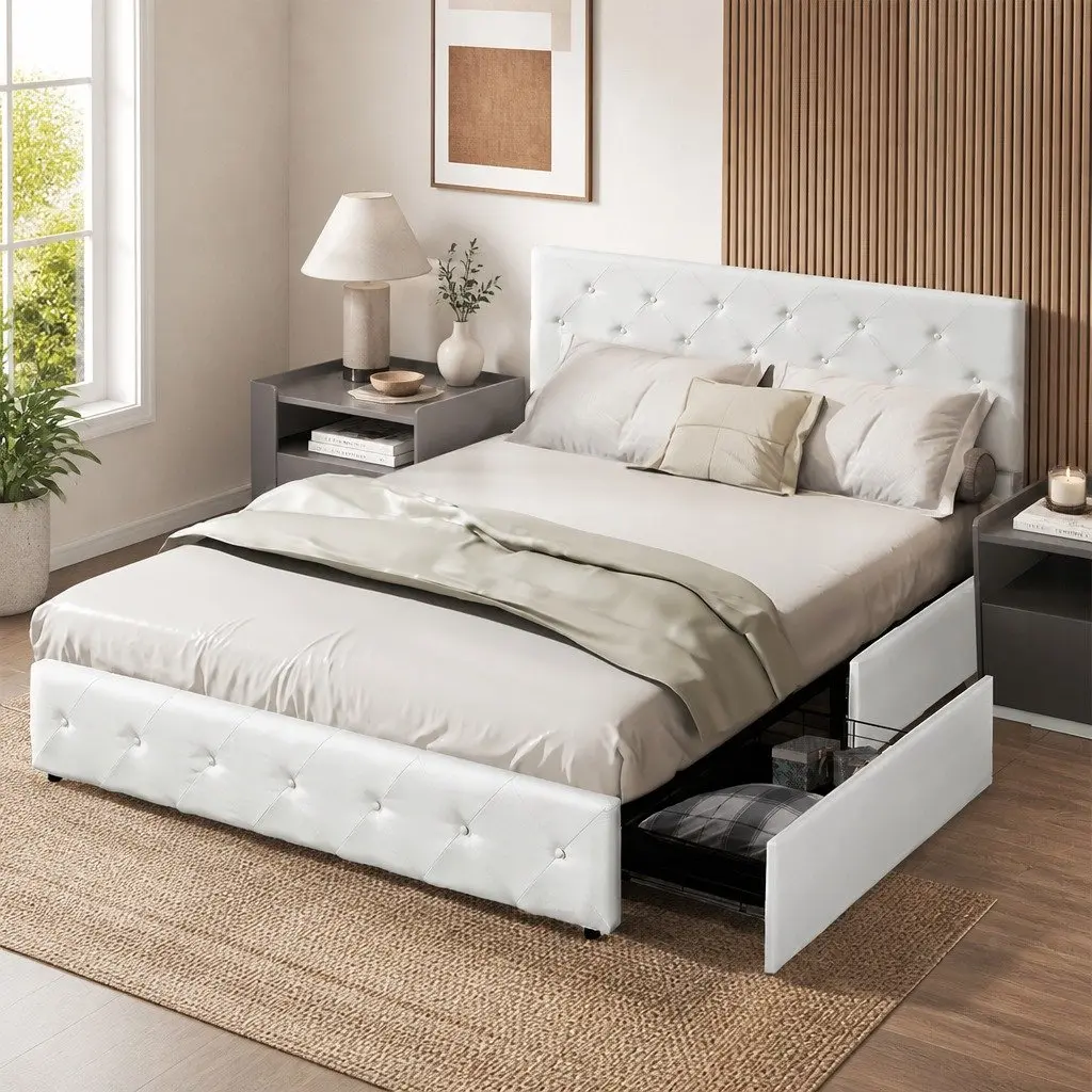 Queen Bed Frame Tufted Headboard with 4 Storage Drawers Cream