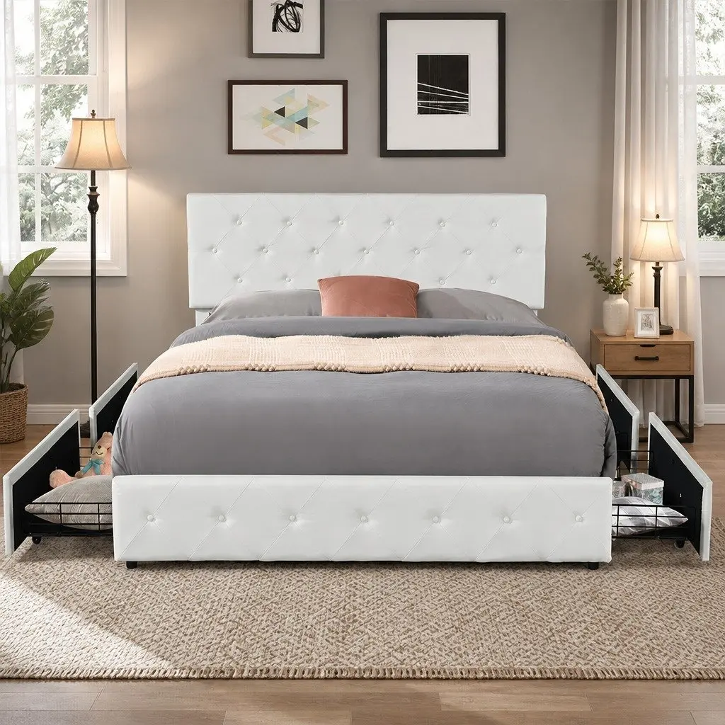 Queen Bed Frame Tufted Headboard with 4 Storage Drawers Cream