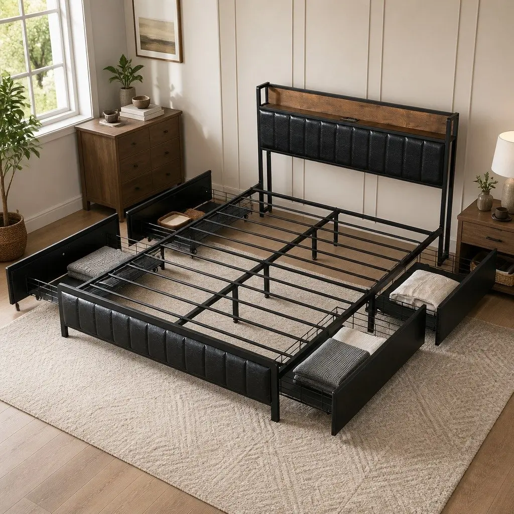Queen Bed Frame with Storage and USB Access