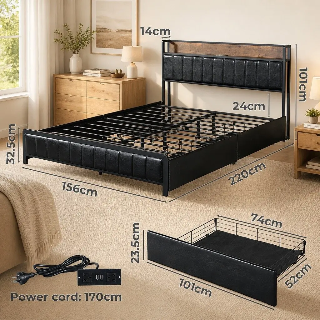 Queen Bed Frame with Storage and USB Access