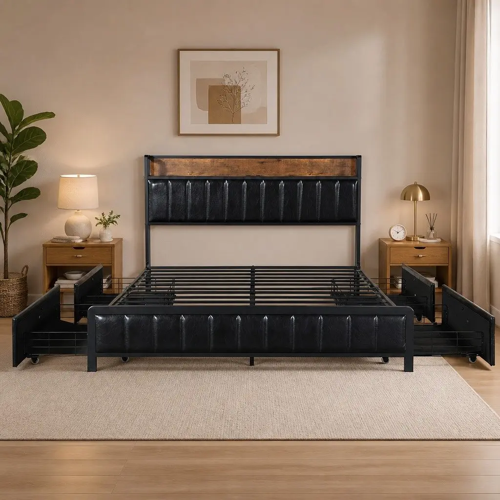 Queen Bed Frame with Storage and USB Access