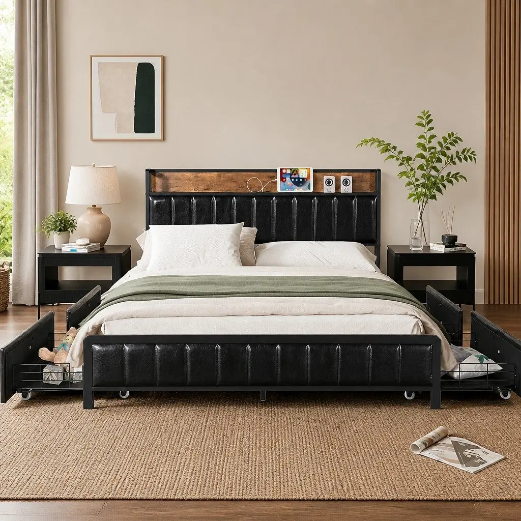 Queen Bed Frame with Storage and USB Access
