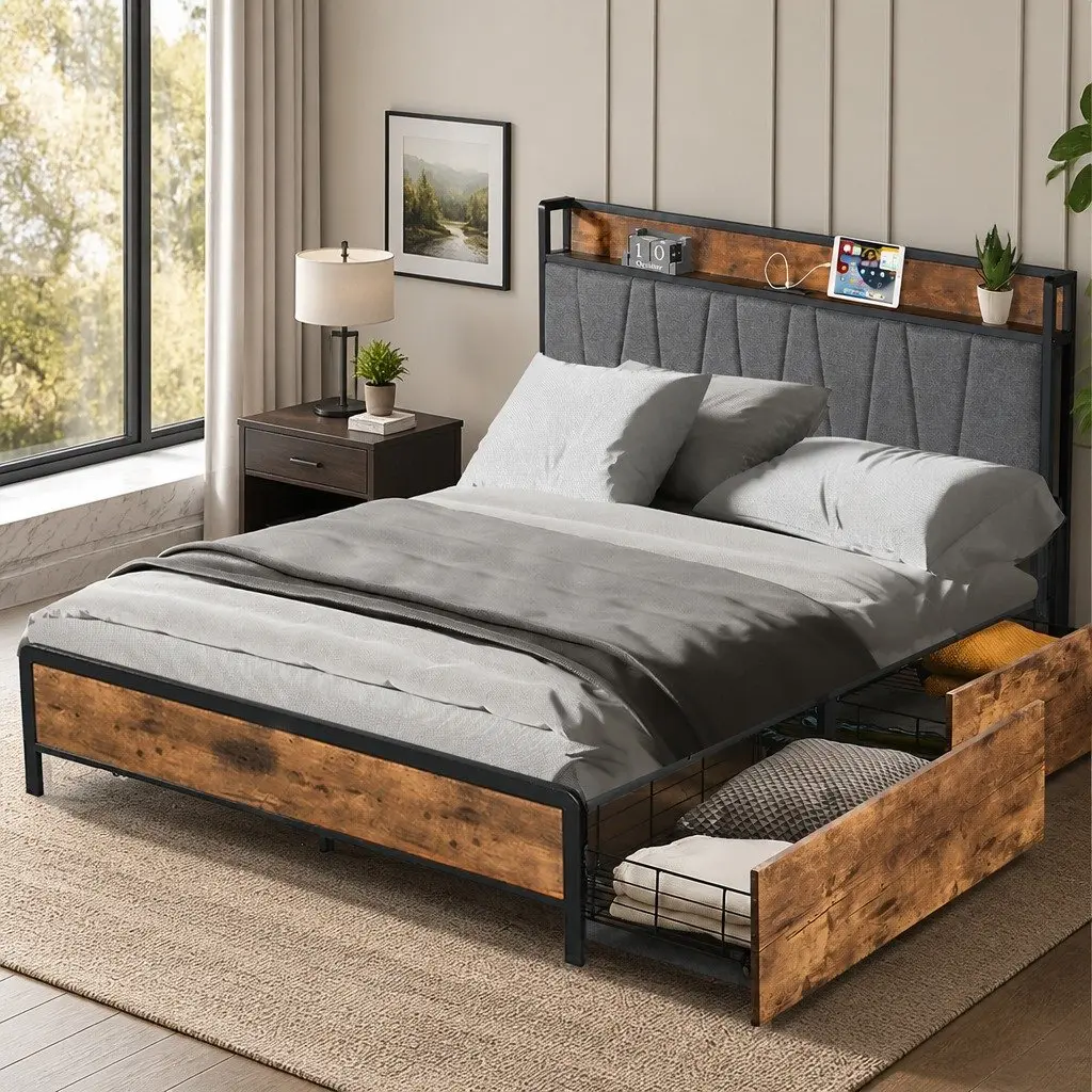 Queen Bed Frame with Storage Headboard USB Charging Ports Upholstered Backrest