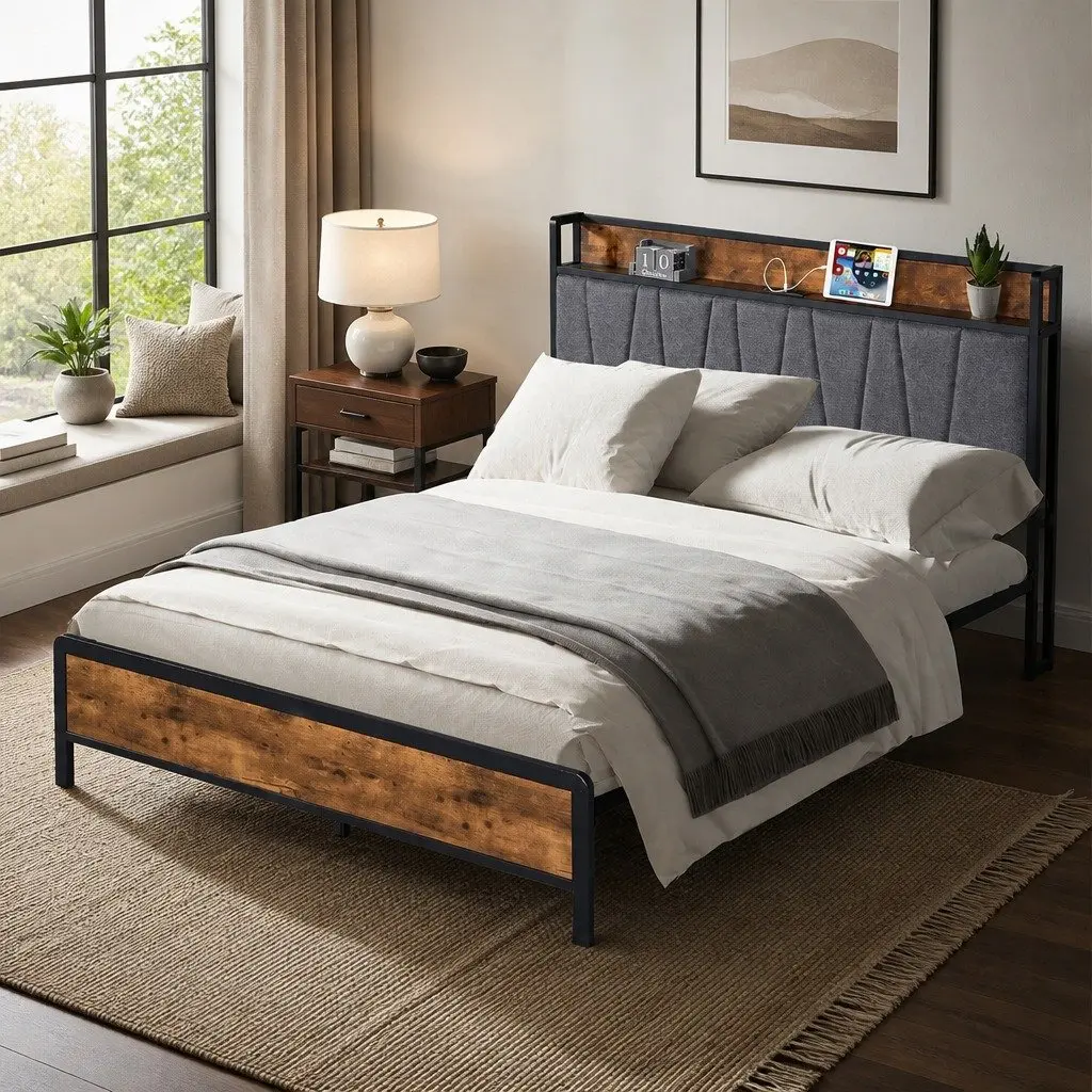 Double Bed Frame with USB and Storage