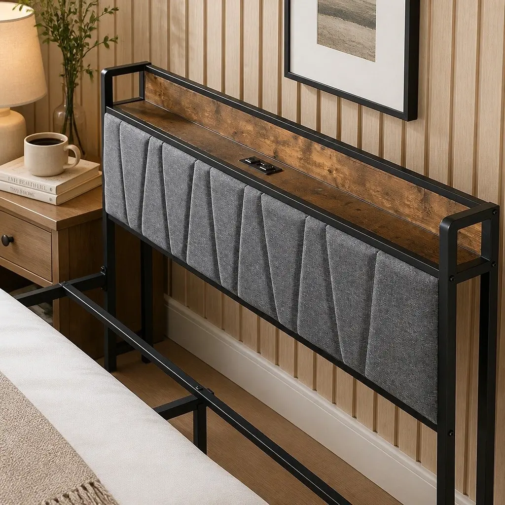Queen Bed Frame Tufted Upholstered Headboard USB Charging Ports Storage Shelf