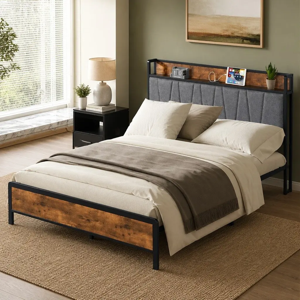 Queen Bed Frame Tufted Upholstered Headboard USB Charging Ports Storage Shelf