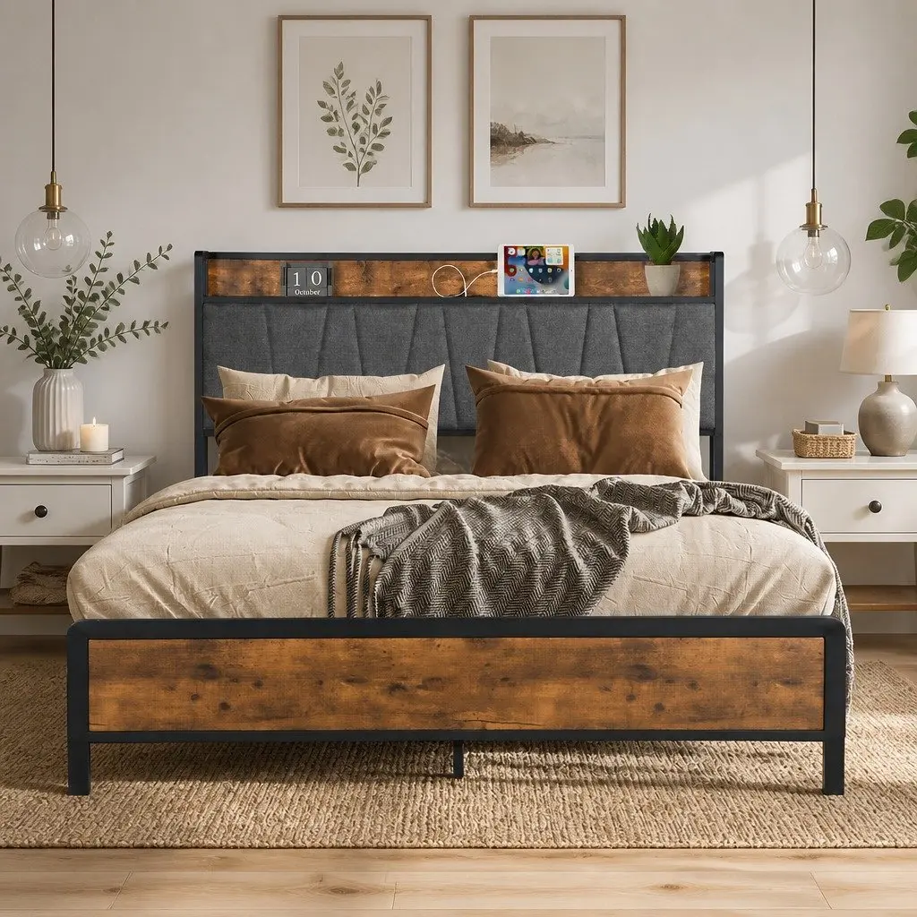 Queen Bed Frame Tufted Upholstered Headboard USB Charging Ports Storage Shelf