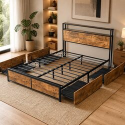 Double Bed Frame with RGB LED Storage Drawers USB Charging Headboard Queen