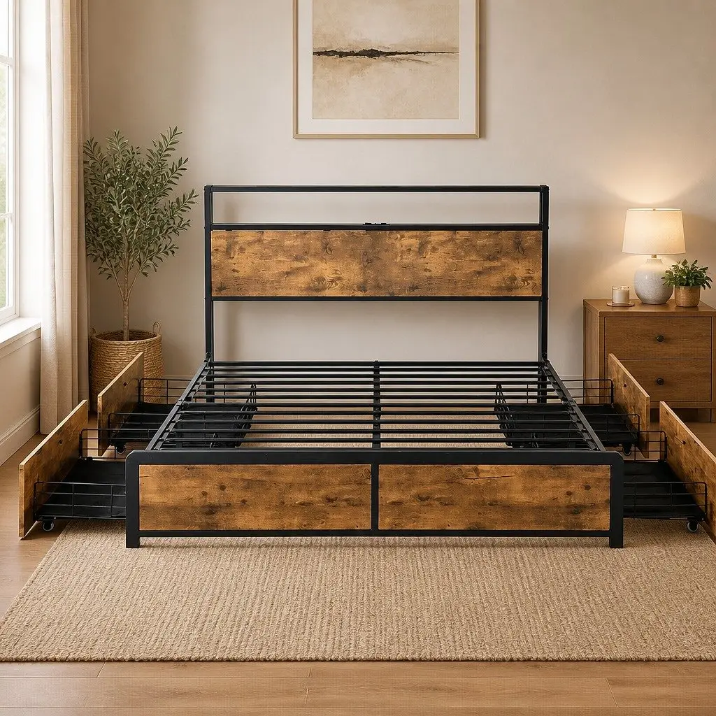 Double Bed Frame with RGB LED Storage Drawers USB Charging Headboard Queen