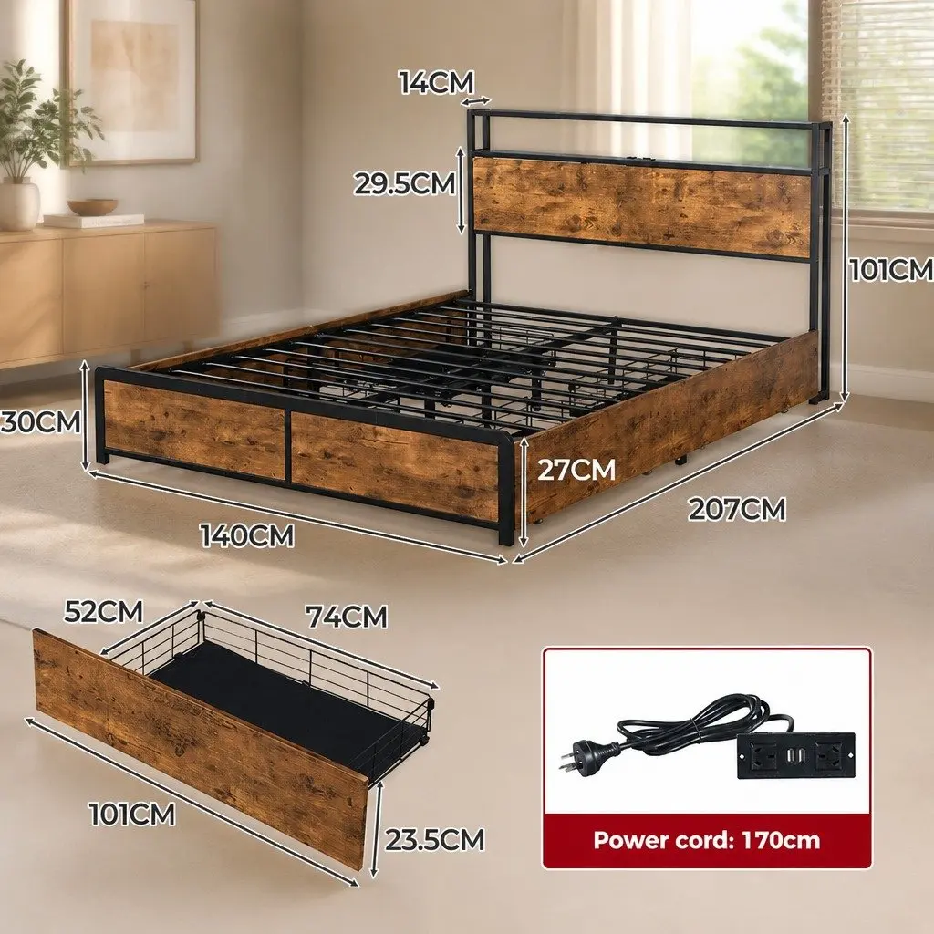 Double Bed Frame with RGB LED Storage Drawers USB Charging Headboard Queen