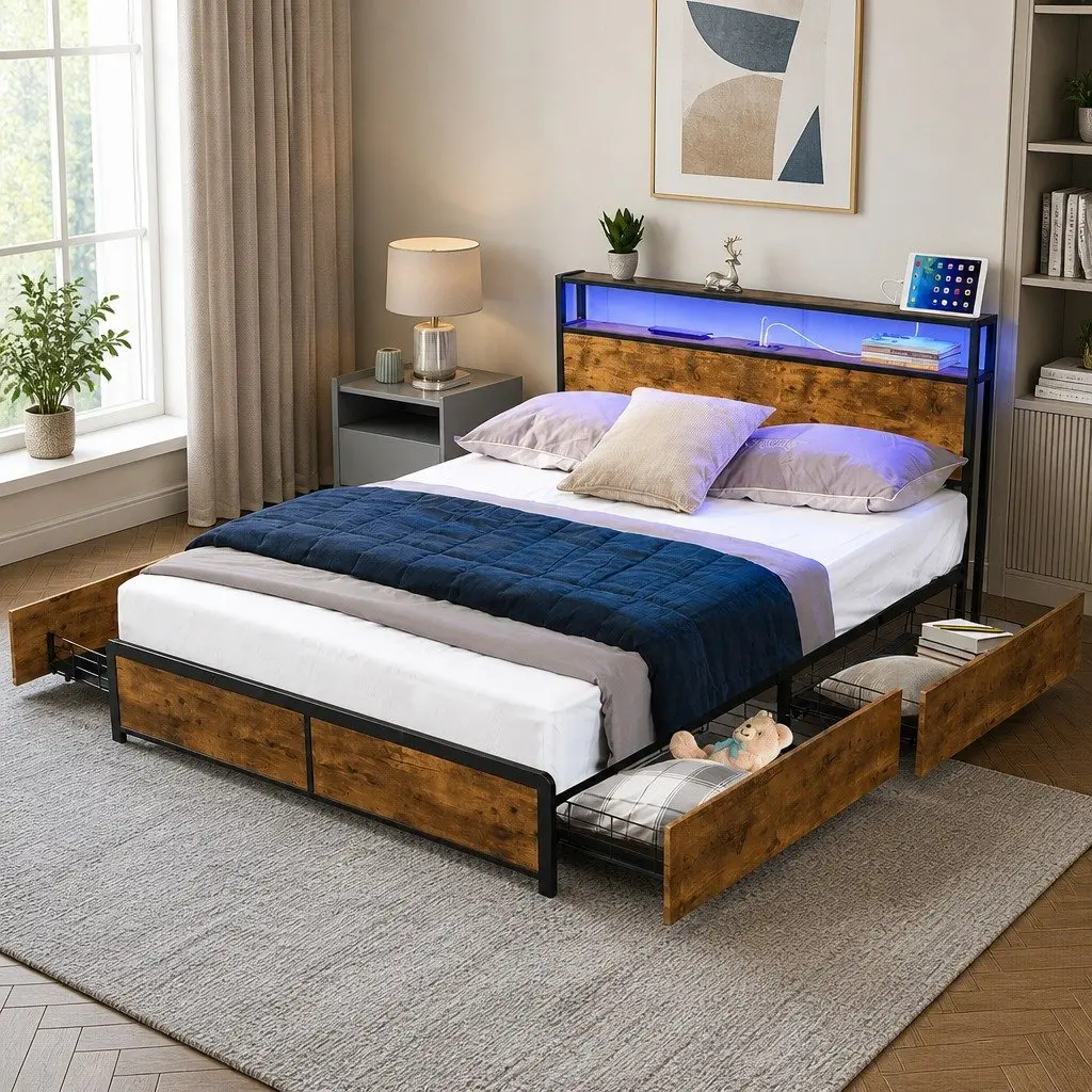 Double Bed Frame with RGB LED Storage Drawers USB Charging Headboard Queen