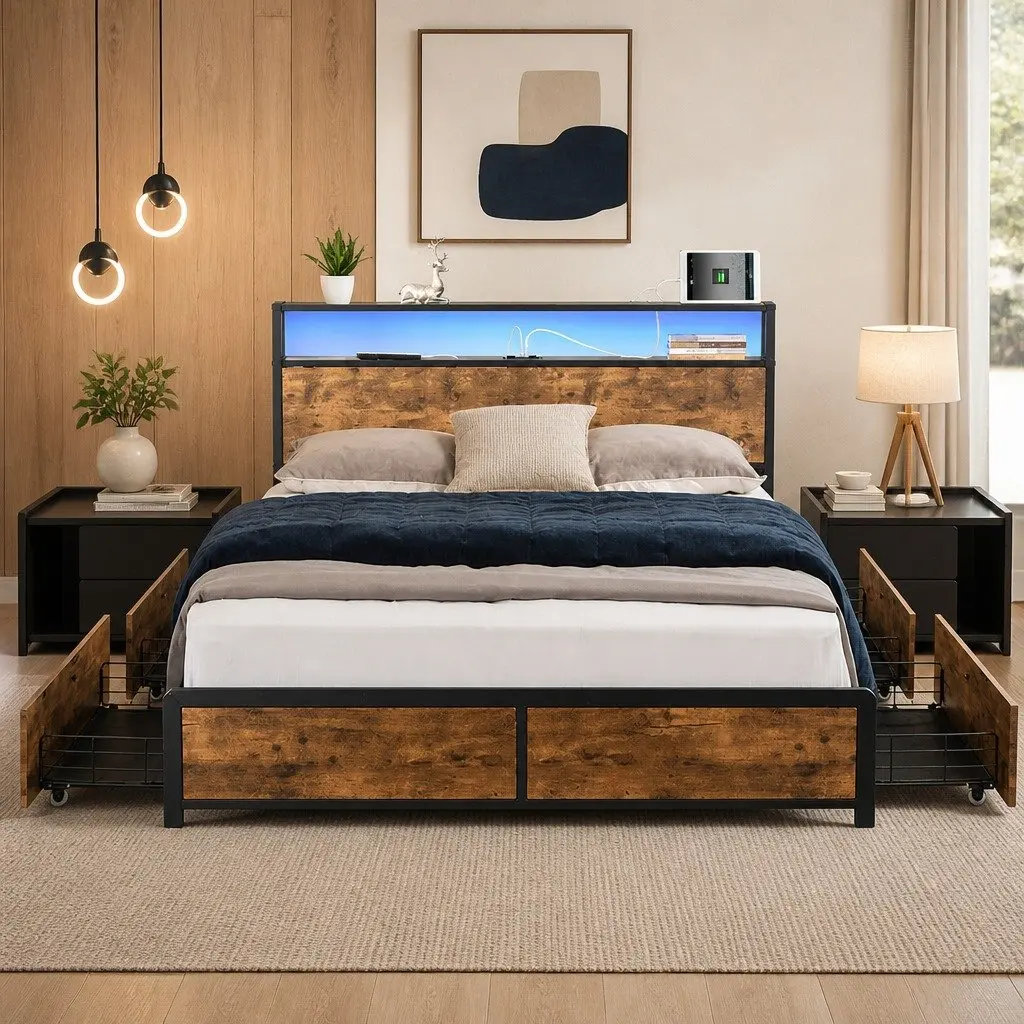 Double Bed Frame with RGB LED Storage Drawers USB Charging Headboard Queen