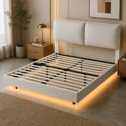 Double Floating Bed Frame with LED Light Height Adjustable Headboard Storage