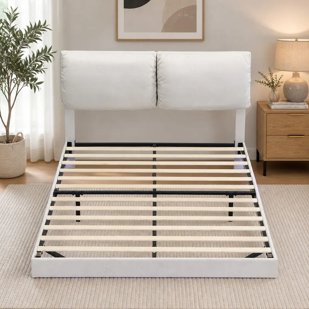 Floating Bed Frame with LED Light Height Adjustable Headboard and Under Bed Storage White