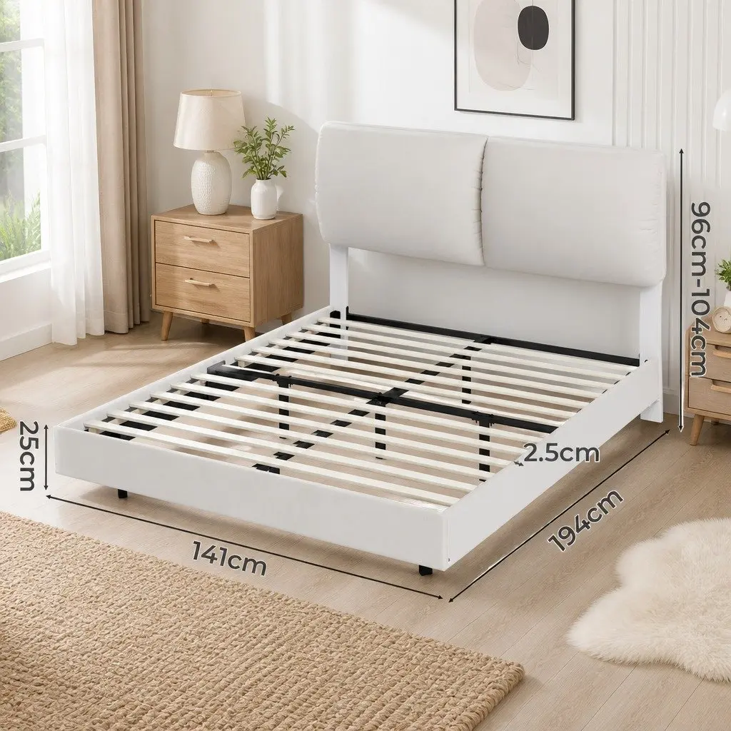 Floating Bed Frame with LED Light Height Adjustable Headboard and Under Bed Storage White