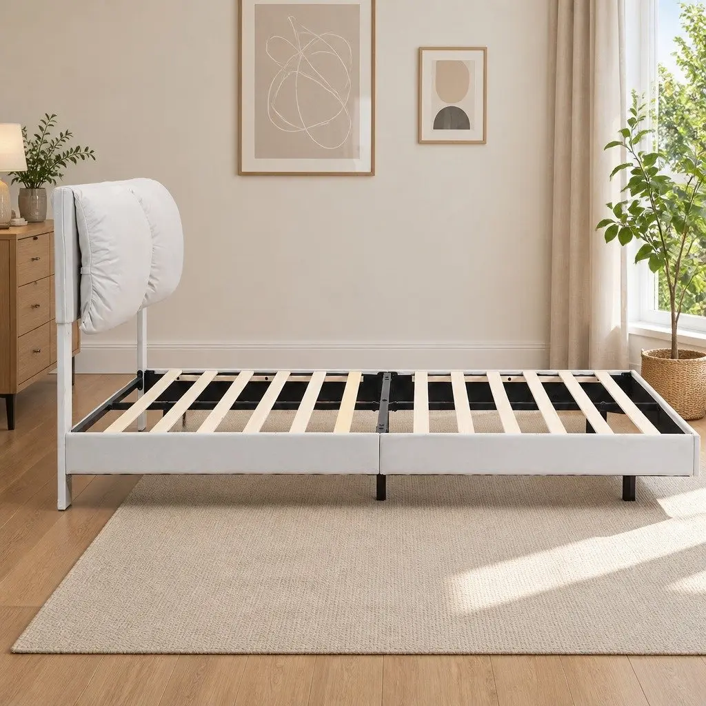 Floating Bed Frame with LED Light Height Adjustable Headboard and Under Bed Storage White