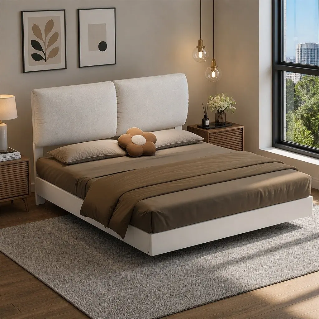 Floating Bed Frame with LED Light Height Adjustable Headboard and Under Bed Storage White