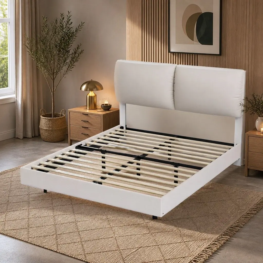 Floating Bed Frame with LED Light Height Adjustable Headboard and Under Bed Storage White
