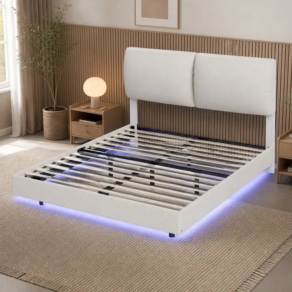 Queen Floating Bed Frame LED Light Adjustable Headrest Storage Metal Slats White