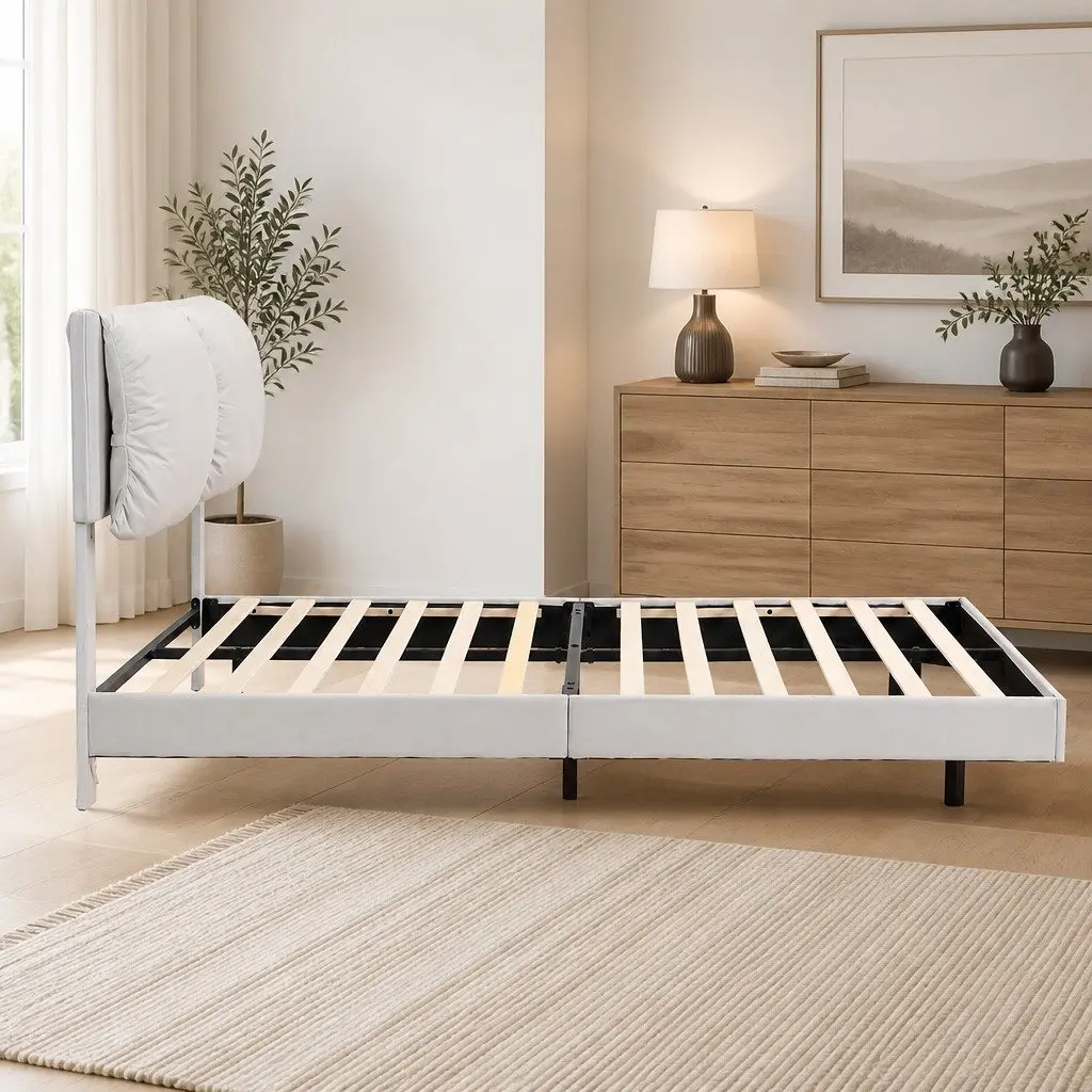 Queen Floating Bed Frame LED Light Adjustable Headrest Storage Metal Slats White