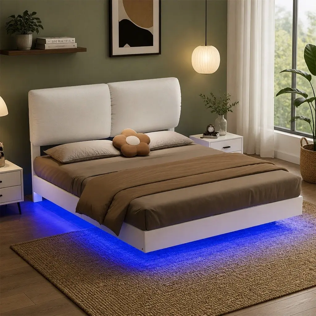 Queen Floating Bed Frame LED Light Adjustable Headrest Storage Metal Slats White