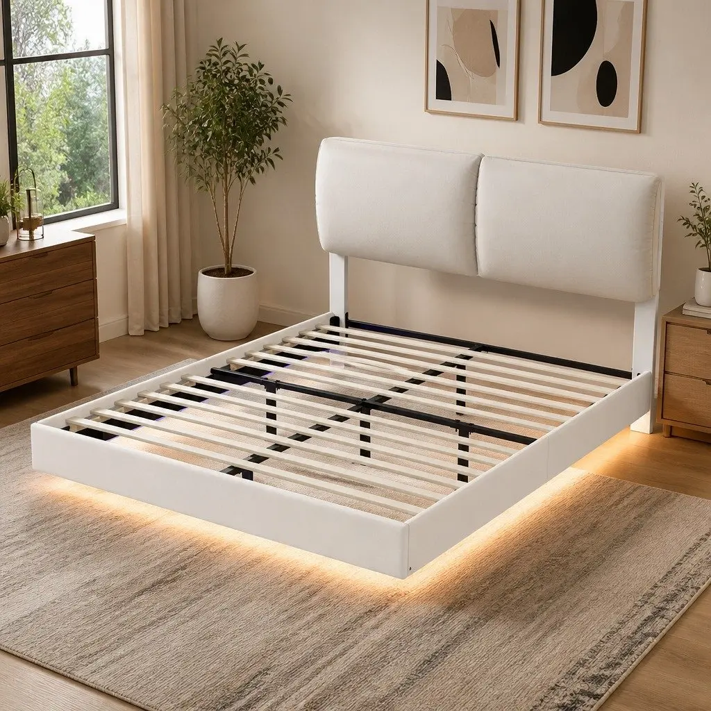 Queen Floating Bed Frame LED Light Adjustable Headrest Storage Metal Slats White